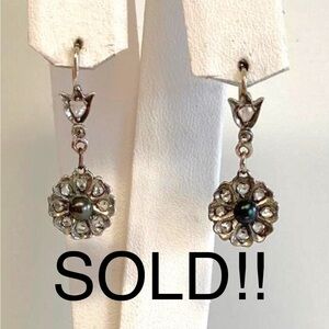 Antique pair 18k White Gold Rose Cut Diamond and Black Seed Pearl Earrings